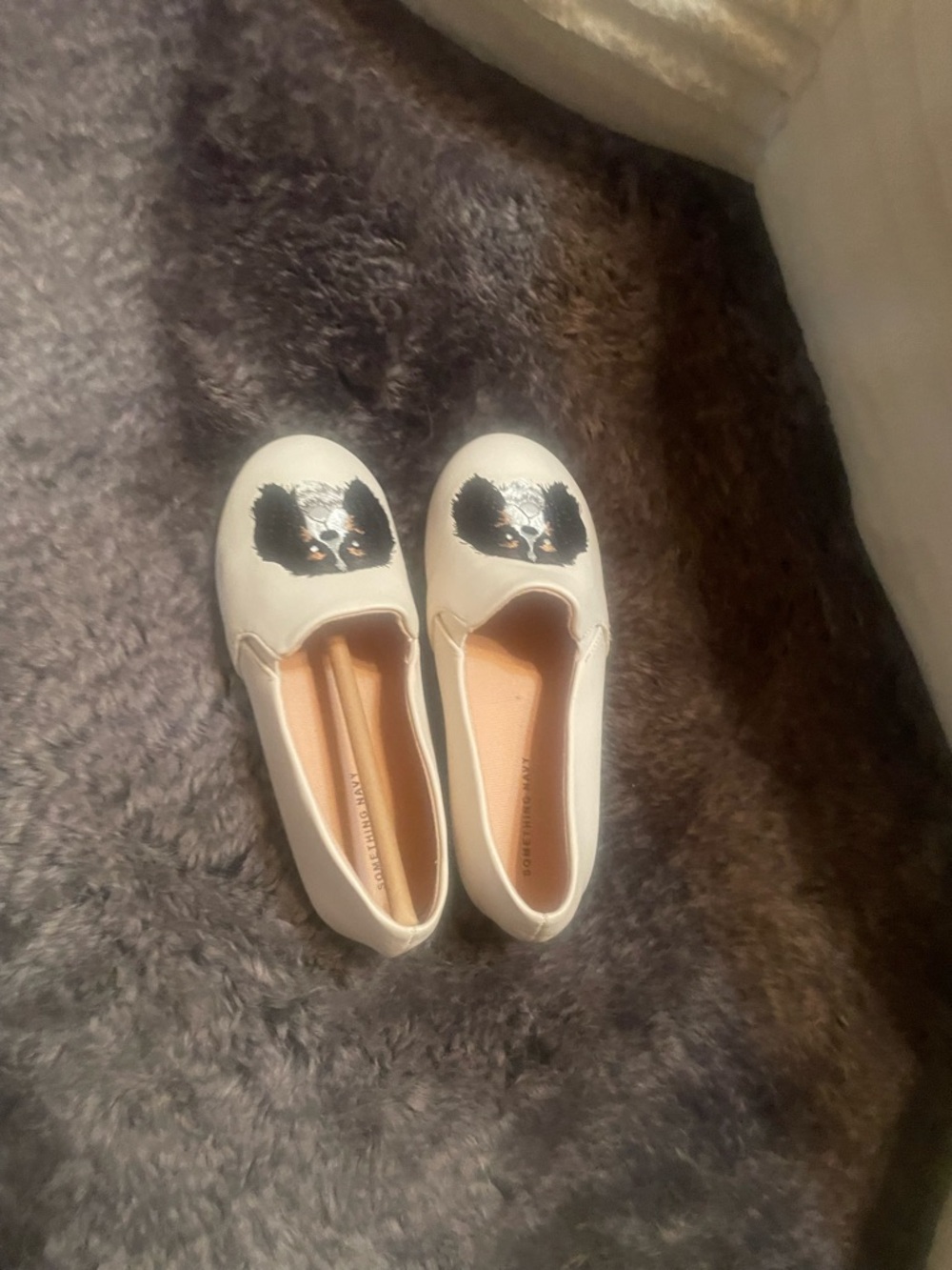 Something Navy White Kids Slip-On Moccasins with Black Dog Face